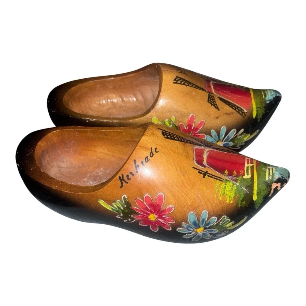 Vintage Authentic Dutch Holland Wooden Clogs Shoes Handpainted Collectible 1950s